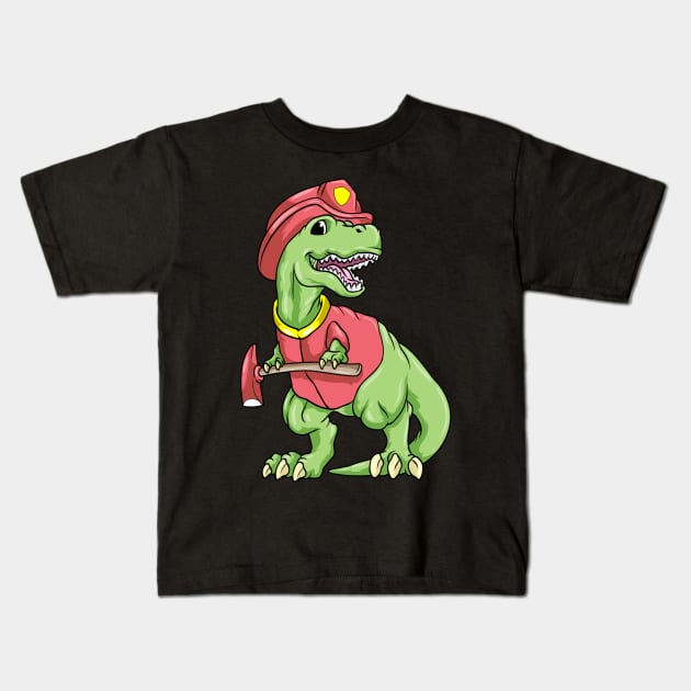 Cool dinosaur as a firefighter with an axe Kids T-Shirt by Markus Schnabel